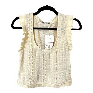 ZARA Ruffled Ivory Cable Knit Crop Top